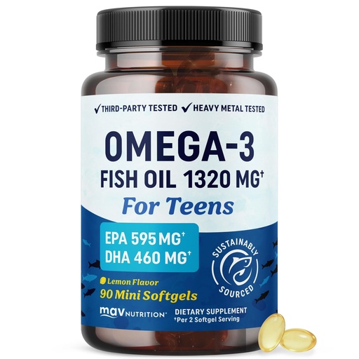 [BRSRGCT6OR4AACLV] Omega 3 Fish Oil for Teens | Brain Health, Focus & Mood Support | 1120mg Omega3 | 595mg EPA + 460mg DHA | Fish Oil Omega 3 Supplements for Teens | Sustainably Sourced & Non-GMO | 60 Mini Softgels