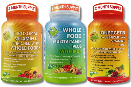 [BRSRAYLYCMFB4DQU] SUPPLEMENTS STUDIO Vegan Immune, Energy & Whole Body Support Bundle – Vegan Whole Food Multivitamin with Iron + Liposomal Vitamin C 1500mg + Quercetin with Bromelain, Zinc, and Vitamin C – Non-GMO