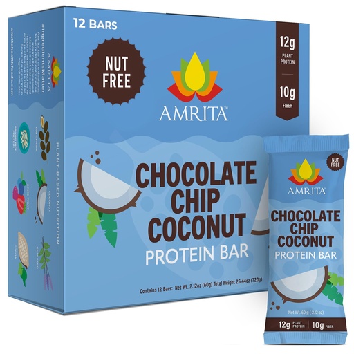[BRSWKGI7OUPGCFAV] Amrita Nut Free Chocolate Chip Coconut Vegan Protein Bars (12 Count) | 12g Plant-Based Protein Bar | Peanut Free, Gluten Free, and Dairy Free | Low Sugar, High Fiber, Healthy School-Safe Snacks