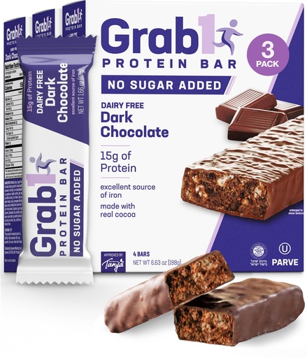 [BRSW2HQTO4HGCFLX] Grab1 Sugar Free Protein Bars, Dairy Free Dark Chocolate (3 Pack = 12 Bars) | 12gr Protein + 4gr Fiber | Low Calorie | Zero Sugar