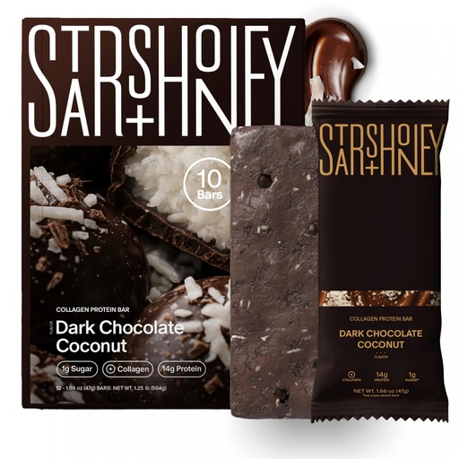 [BRSREHAZBYFWA3TJ] Stars + Honey Protein Bars, Dark Chocolate Coconut, 14g Protein, 1g Sugar, with Collagen Peptides, Dairy Free, Soy & Gluten Free Snacks, Keto Friendly, No Seed Oils or Sugar Alcohols, 10 Pack