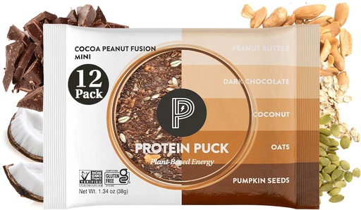 [BRSRA2Y6BN5BMD32] Protein Puck Vegan Plant based Protein Bar – Natural Healthy Snack Bars, 12 Count, 1.34oz Mini, Gluten Free, Dairy Free, No GMO, Kosher – Cocoa Peanut Fusion - Chocolate, Peanut Butter, Sport Nutrition