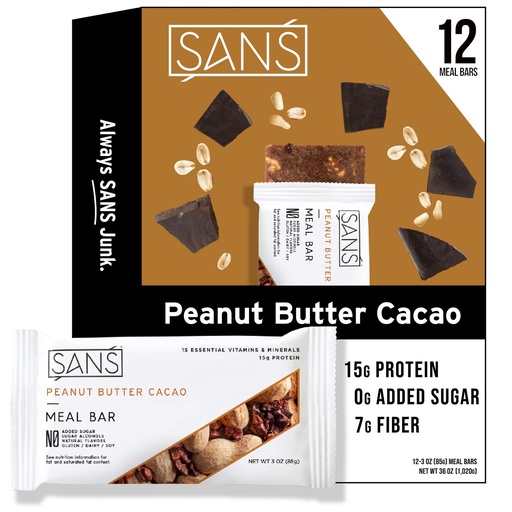 [BRSWYYYCAF6GGH35] SANS Meal Replacement Protein Bar, Gluten Free, Healthy High Protein Snacks, High Fiber, No Sugar Added, Dairy Free, Soy Free, Peanut Butter Cacao, 12 Bars