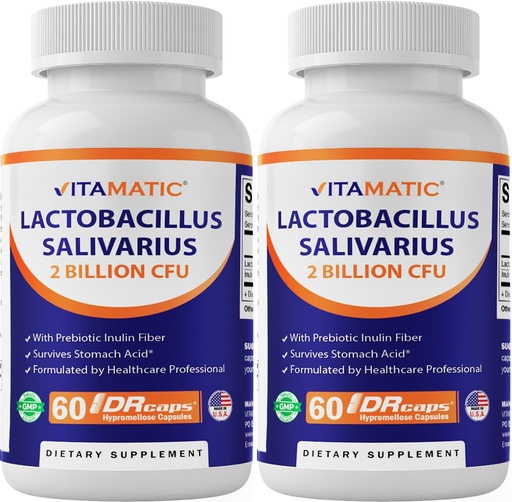 [BRSROCAHOAPBUA32] Vitamatic Lactobacillus Salivarius 2 Billion per DR Capsule - 60 Count - Digestive Support - Made with Prebiotic Inulin Fiber (2 Bottles)
