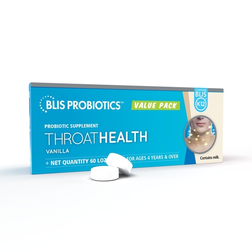 [BRSROBAOCF4BEHYU] BLIS ThroatHealth Oral Probiotics K12 - Immune & Throat Support, Vanilla - 60 Lozenges, 2.5 Billion CFU