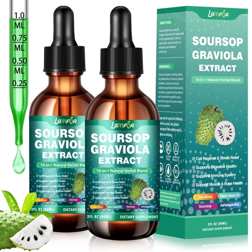 [BRSREEL3PMCAEHQZ] 2 Pack Soursop Bitters Liquid 10-in-1 with Ashwagandha, Black Seed Oil & Turmeric, Gotu Kola for Immune Support, Gut Health, Cell Regeneration & Antioxidant, Vegan, Non-GMO, Sugar-Free
