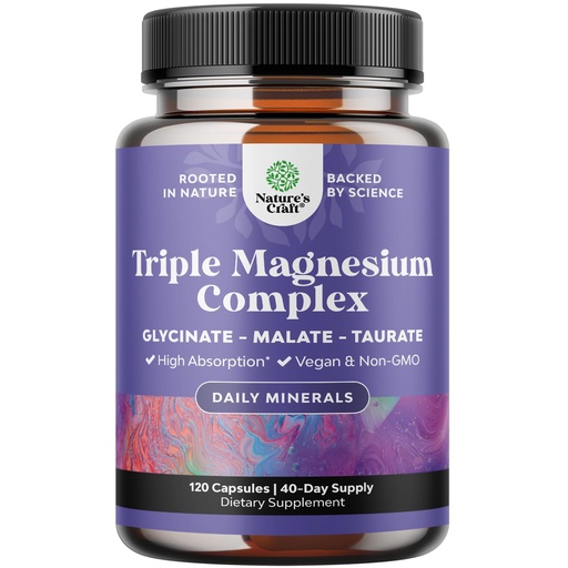 [BRSROYIBDIHQYYD4] Triple Magnesium Complex Supplement - High Absorption Magnesium Glycinate, Malate & Taurate Blend for Muscles, Energy Support & Heart Health - Triple Mg Complex 400 mg Capsules - 120 Count