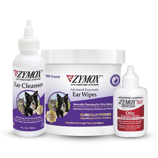 [BRSRYZACCINRAE3V] Zymox Enzymatic Ear Wipes, Ear Cleanser, & Otic Plus Ear Solution for Dogs and Cats - Product Bundle - for Dirty, Waxy, Smelly Ears and to Soothe Ear Infections