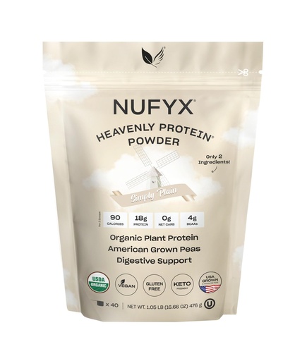 [BRSROBAHBYBQGG32] NUFYX® Family Owned Protein Powder, Organic Plant-Based, Made with 100% USA Grown Peas, 18g Protein for 90 Calories, Only 2 Ingredients, Digestive Support (Simply Plain, 40 Scoops)