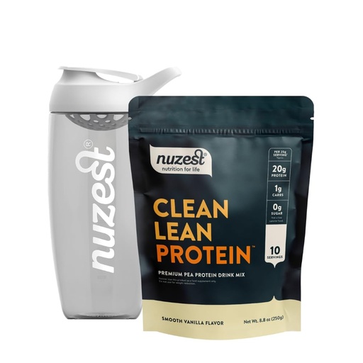 [BRSRGHYYCEPQG33P] Nuzest Vegan Pea Protein Powder - Smooth Vanilla Flavor, 8.8 oz + 24 oz Sports Shaker