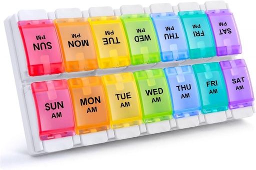 [BRSWGHYPOUBAOHLA] Sukuos AM PM Weekly Pill Organizators 2 reizes Diena, Liels Daily Pill Box 7 Diena ar Easy Push Potton Design, Atdalāms zāļu turētājs vitamīnu / zivju eļļas / uztura (Rainbow)