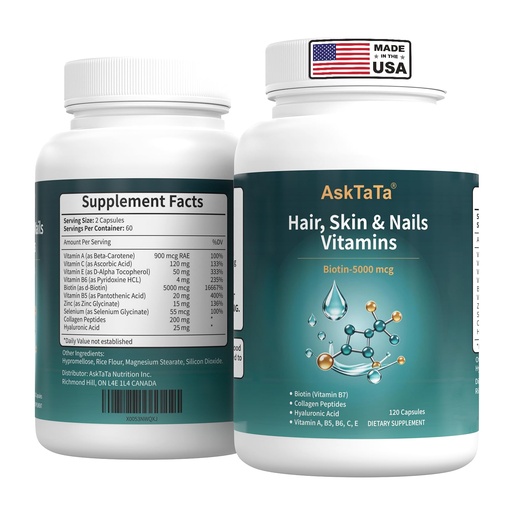 [BRSRGCY3OQBGK2QZ] Women’s Hair Skin & Nails Vitamins Supplement,with Biotin,Collagen Peptides,Hyaluronic Acid,Vitamin A, C, E, B5,B6,Helps Maintain Skin Moisture and Suppleness,Support Hair Nails Health,120 Capsules