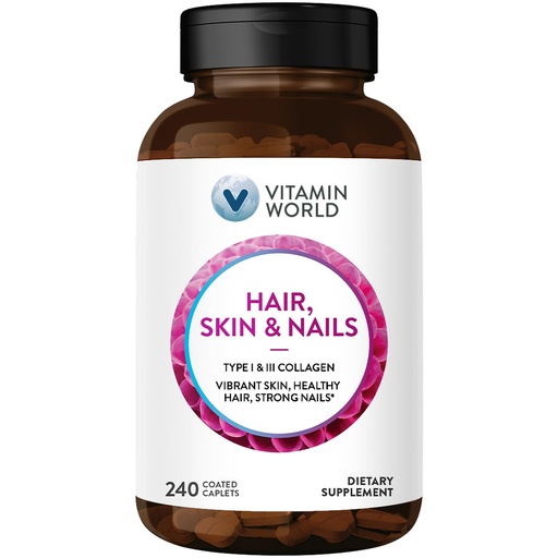 [BRSWGEADDEBAYFYZ] Vitamin World Hair, Skin and Nails Formula 240 caplets, Type I and III Collagen, 3000mcg Biotin, Antioxidant, Coated, Gluten Free