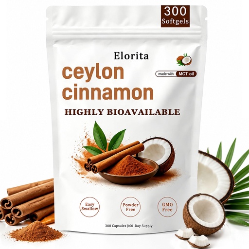 [BRSRYZT4BUBQED3H] Elorita Ceylon Cinnamon Soft Gels, with MCT Oil, Highly Bioavailable Herbal Extracts, True Ceylon Cinnamon Supplement, Natural Energy, Non-GMO, Gluten Free, 300 Soft Gels