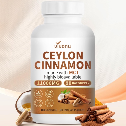 [BRSRYYD7A57RUCL3] 2-in-1 Organic Ceylon Cinnamon with MCT Oil Supplements Capsules, 90 Day Supply, Liposome Highly Bioavailable 20:1 Extract, Energy & Metabolism Support, Non-GMO, Gluten Free, 180 Capsules, 1 Bottle