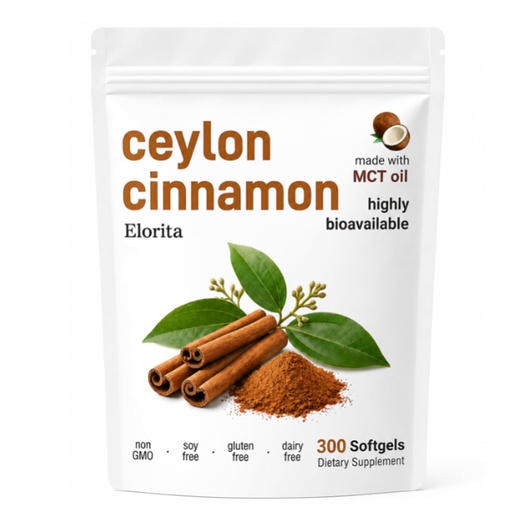 [BRSRYZQTO56A2HTB] Elorita Ceylon Cinnamon Soft Gels with MCT Oil, 12:1 High Potency Ceylon Cinnamon Extract, Herbal Supplements, Gluten Free, 300 Softgels