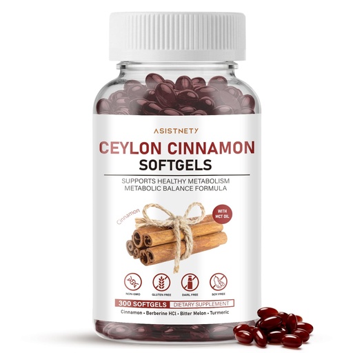 [BRSRGCY2BEDWKDTZ] Ceylon Cinnamon Softgels with MCT Oil, True Sri Lanka Ceylon Cinnamon Capsules 1000mg with Berberine HCl, Bitter Melon & Turmeric, Blood Sugar & Metabolism Support, Non-GMO, Gluten, 300 Softgels