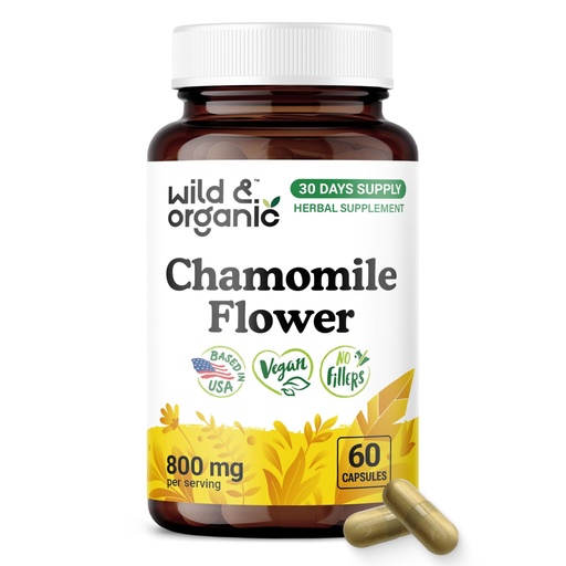 [BRSRAHA3BAIQM2D2] Wild & Organic Chamomile Capsules 800 mg - Relaxation & Digestive Support - Herb Chamomile Extract Supplement - Matricaria Recutita Flower - Vegan, No Fillers, Non-GMO - 60 Count