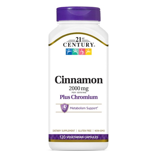 [BRSWIZIIO4PBGF36] 21st Century 2000 mg Cinnamon Plus Chromium Vegetarian Capsules (120 Count), Cinnamon Supplements Supports Carbohydrate Metabolism, Gluten-Free, Non-GMO, No Added Yeast or Artificial Flavors