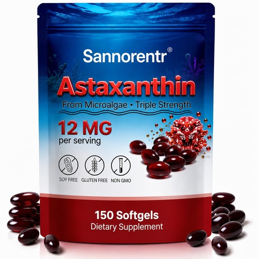 [BRSRYYYLCEAR6AA3] Astaxanthin 12MG High Potency Ingredients, 150 Softgels, Antioxidant Supplement from Fresh Microalgae with Sunflower Oil for Absorption, Non-GMO