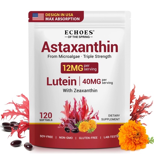 [BRSRYYLQB4PB4HTD] Astaxanthin 12mg & Lutein 40mg with Zeaxanthin Supplements, Fresh Microalgae Source, Supports Eye, Skin, Antioxidant, Joint, Circulatory Health Non-GMO Gluten Free, 4 Month Supply | 120 Softgels