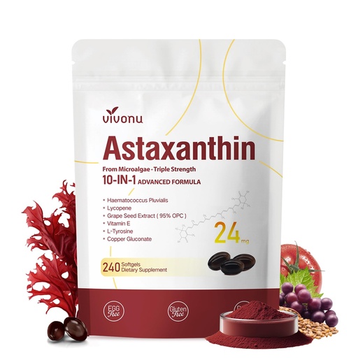 [BRSRGYYLCJ6AID3A] VivoNu Astaxanthin 24mg – Powerful Antioxidant Support for Skin, Eyes & Immune System – 10-in-1 Formula with Lycopene, Grape Seed, Vitamin E & Zinc – Triple Strength, 240 Softgels