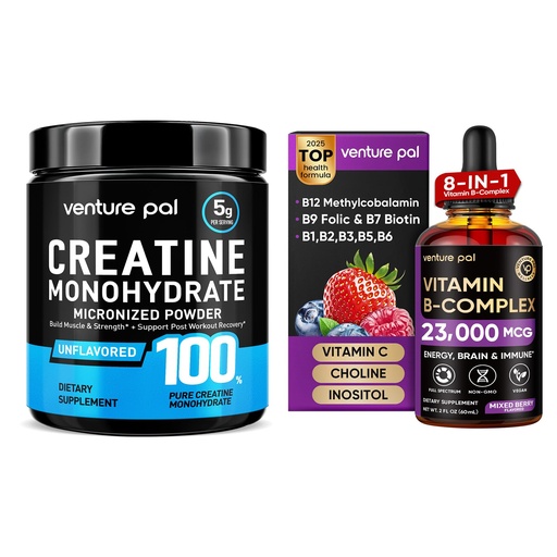 [BRSREAQFAQNAK3I6] Venture Pal Creatine Monohydrate Powder + 11-in-1 Vitamin B Complex Liquid Drops with B12, Folic Acid, B Vitamins, Vitamin C, Choline & Inositol for Energy & Immune Support