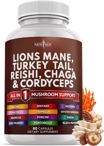 [BRSROCAEOZ5QM2Q6] NEW AGE Lions Mane Mushroom Supplement with Turkey Tail Reishi Cordyceps Chaga with Marshmallow Root