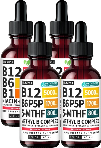 [BRSRGCD6OUMQ4FLV] NUSAVA (2-Pack) Methylated B Complex Liquid Drops Raspberry and (2-Pack) Liquid Vitamin B12 Drops - High Potency Methylfolate and Sublingual B12 for Daily Energy and Balance Support