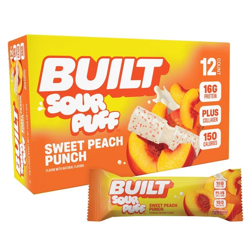 [BRSRGYYCPMIWO33X] BUILT Sour Puff Protein Bar, Sweet Peach Punch, 16g Protein - 12 Count | Sour Gummy, Candy-like Protein Snack Bar with Collagen, Calorie Conscious, Gluten Free