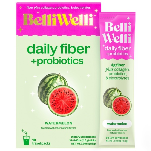 [BRSREYD4OEDQEGTF] Belli Welli Daily Fiber Supplement Packets with Collagen, Probiotics & Electrolytes | Single Serve Packets for Gut Health, Digestion & Debloating | Watermelon | 10 Count