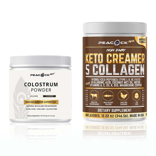 [BRSRECYYCIIB4D3V] Colostrum + Collagen Keto Creamer Powder Bundle - Protein & Nutrient Blend with MCT Oil, B12 & Magnesium, Unflavored Keto-Friendly Supplements for Daily Wellness, 12.2 oz & 60g