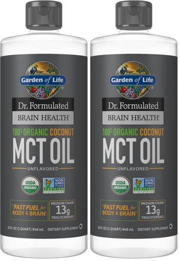 [BRSRGGQLBENRO3Y7] Garden of Life Dr. Formulated Brain Health 100% Organic Coconut MCT Oil 32 fl oz Unflavored,13g MCTs,Body & Brain Fuel,Certified Non-GMO Vegan & Gluten Free,Hexane-Free,(Pack of 2)
