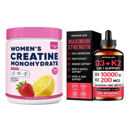 [BRSRYYAPOZ5G2A3B] Venture Pal 18-in-1 Women’s Creatine Powder & 5-in-1 Vitamin D3 10000 IU & K2 – Collagen, Electrolytes Magnesium & MCT Oils, 10.58 OZ+2 FL OZ