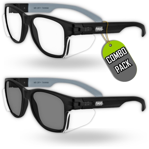 [BRSWGBAYCMFAKFA4] MAGID Y50 Safety Glasses for Construction | Black Frame — 2 Pair Combo - 1 Clear Lens, 1 Gray Lens | Side Shields, ANSI Z87.1+, Anti-Fog, Scratch-Resistant, 99.9% UV Protection, Polycarbonate Lens