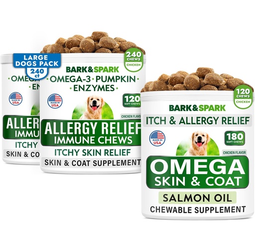[BRSROHA5C55GGH32] Allergy Relief Chews + Omega 3 for Dogs - Oil Treats for Dog Shedding, Skin Allergy, Itch Relief, Hot Spots Treatment - Joint Health - Skin & Coat Supplement - EPA & DHA Fatty Acids - Salmon & Chicken