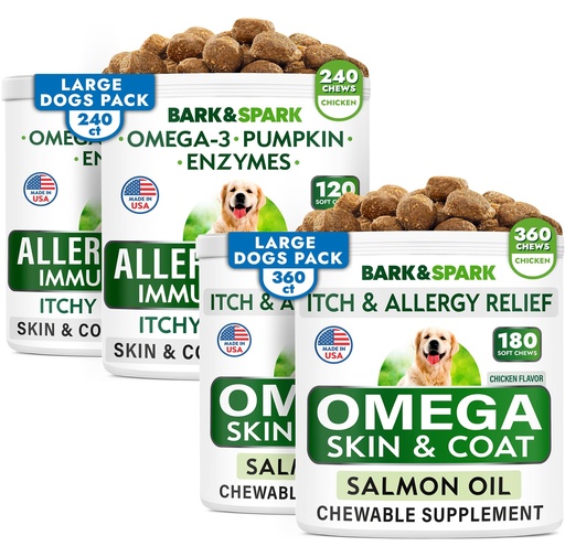 [BRSROBAEC56RYEY3] BARK&SPARK Allergy Relief + Omega 3 Bundle - Anti-Itch Skin & Coat + Skin Allergy - Omega 3 Fish Oil + EPA&DHA Fatty Acid - Itching&Paw Licking + Joint Health - 240 Chews + 360 Chews - Made in USA