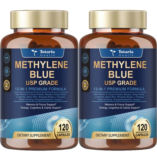 [BRSREFQHDIBBGDT2] 2Pack USP Methylene Blue Pharmaceutical Grade, Vitamin C Ester, Bacopa, Phosphatidylserine, Omega-3 Fatty Acids - 13 in 1 Upgrade Patented Brain Formula - Memory, Focus, Clarity, Cognitive, 240 Count
