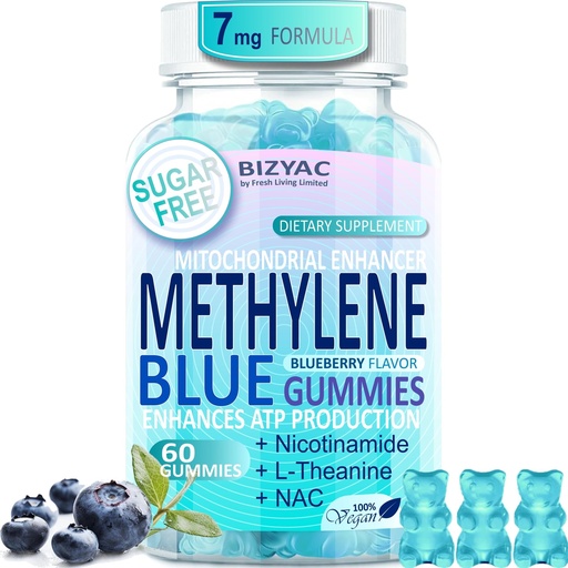 [BRSREBQRDN5Q4CT6] Methylene Blue Gummies 7mg, Methylene Blue for Humans Supplement w/NAC, VIT B3 & L-Theanine, Brain & Mitochondrial Support, Enhances Energy, Focus and Cognitive, Sugar Free, 60 Ct