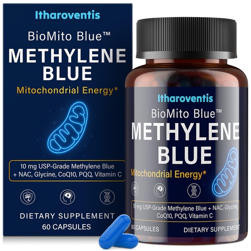 [BRSRGCY2OYCBYDTX] Itharoventis Methylene Blue Pharmaceutical Grade Capsules – USP Grade Supplement with CoQ10, NAC, PQQ, Glycine & Vitamin C, Capsule Format, No Formaldehyde – 60 Count