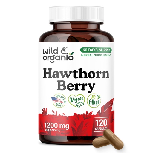 [BRSRAHA3BEBBA2TB] Wild & Organic Hawthorn Berry Capsules 1200 mg - Overall Support - Hawthorn Berry Powder Supplement - Crataegus Monogyna Fruit - 60 Days of Supply - Vegan, No Fillers, Non-GMO - 120 Count