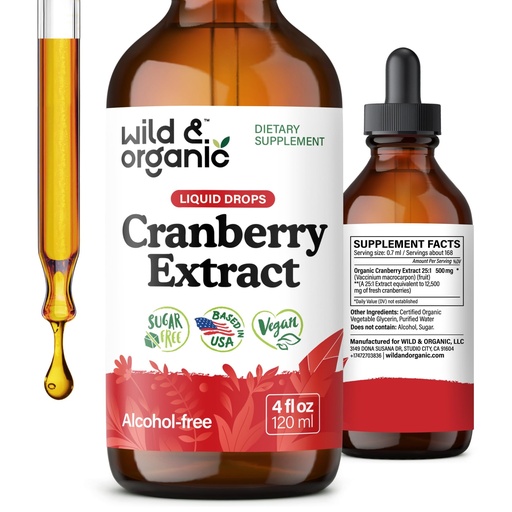[BRSRAGQEBANWGELK] Wild & Organic Cranberry Concentrate Liquid Drops - Urinary Tract Support with Cranberry Supplement for Women & Men - 500 mg Extract per Serving - Vegan, Sugar & Alcohol-Free - 4 fl oz