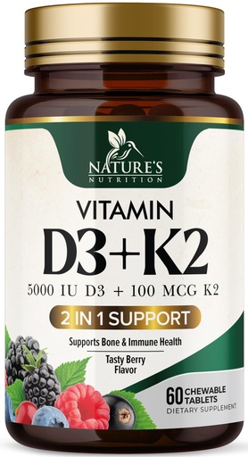 [BRSROAL3PIOWAFA3] Vitamin D3 K2 Supplement | 5000 IU D3 + K2 100 mcg | MK-7 K2 with Vitamin D | Supports Immune, Heart, Teeth & Bone Health - Nature's Easy to Chew, VIT D3 K2, Non-GMO, Tasty Berry Flavor - 60 Tablets