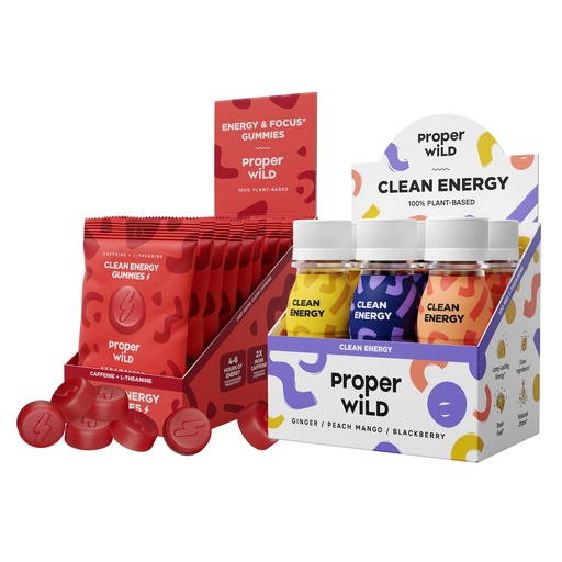 [BRSRGAQOCUNAM2Y2] Proper Wild Clean Energy Bundle – Originals Variety Energy Shots (6-Pack) + Strawberry Energy Gummies (10-Pack) – Organic Caffeine + L-Theanine, Plant-Based