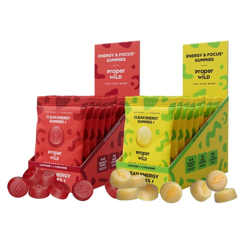 [BRSRGAQBOYIROCYY] Proper Wild Vegan Energy Gummies Variety Bundle, Strawberry + Sour Lemon Lime (10-Pack Each), Clean Caffeine + L-Theanine for Focus & Lasting Energy, Plant-Based, Non-GMO