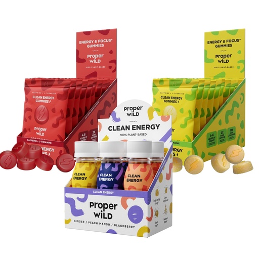 [BRSRGAQBPMGWO3T2] Proper Wild Ultimate Clean Energy Bundle – Strawberry + Sour Lemon Lime Gummies (10-Pack Each) + Originals Variety Energy Shots (6-Pack) – Organic Caffeine + L-Theanine