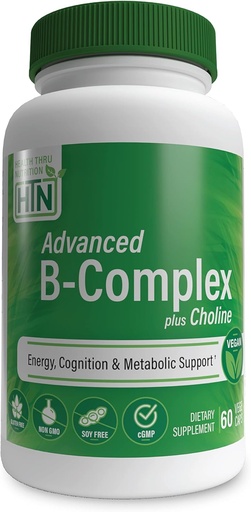 [BRSWIYYCAJ5GMEQZ] Health Thru Nutrition Advanced B-Complex Complete Plus Choline - Vegan | Energy Cognition & Metabolic Support | High Potency with 550mg Choline, B12, Biotin, and More | Non-GMO (Pack of 60)