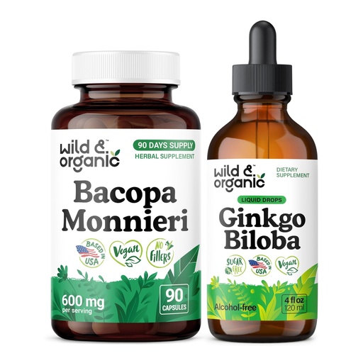 [BRSRGH3RCQFWGCTL] Wild & Organic Bacopa 90 Capsules & Ginkgo Biloba Tincture 4 fl oz