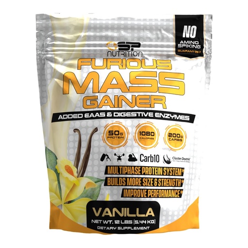 [BRSRECT4BZ6BSDLK] SP Nutrition Furious Mass Gainer, Vanilla Flavor, 12 lbs, 50g Protein, 200g Carbs, EAAs & Digestive Enzymes
