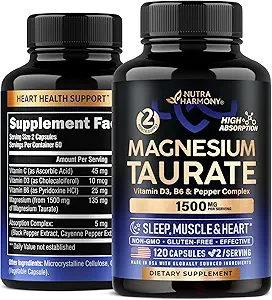 [BRSRAZIDOQBQGAI2] Magnesium Taurate 1500 mg with Vitamins B6, C & D3 - Pepper for Enhanced Absorption - Laboratory Tested, Made in USA - 120 Capsules, 2 Month Supply